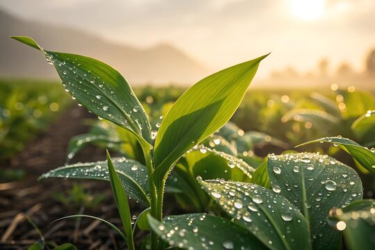 Fresh green corn seedling with water droplets in a sunlit field