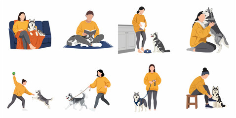 Woman and Siberian Husky daily activities set. Vector flat illustration of pet owner walking, playing, feeding, and relaxing with her dog. © Patriiciia