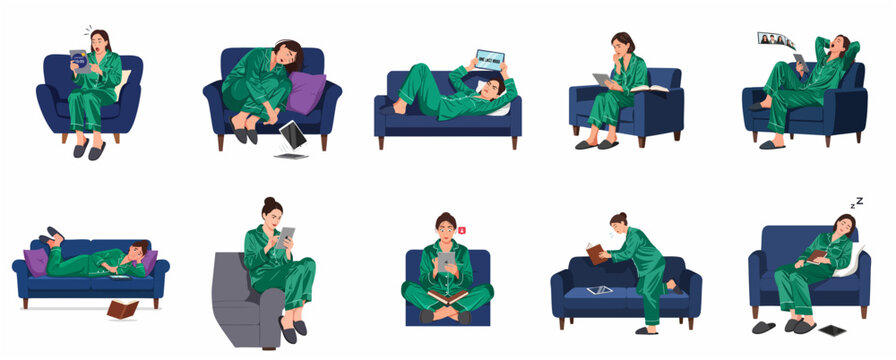 Set of illustrations depicting a young woman's late-night digital habits, screen addiction, and various emotional states while using a tablet in pajamas on a sofa.