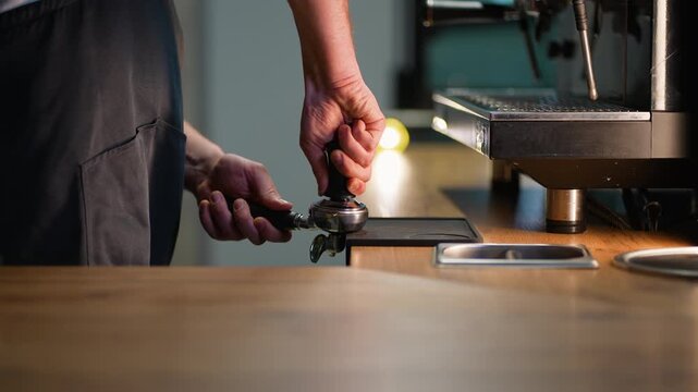 Barista tamping ground coffee in a portafilter
