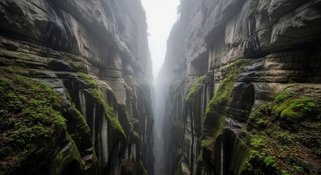 Deep view inside a narrow dark stone canyon or rocky gorge with green moss on the walls and thick white fog filling the gap