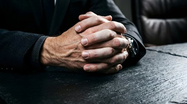 High angle view of a businessman hands tightly clasped together on a dark wooden desk