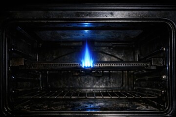 Obraz premium A close-up shot of an oven with a blue flame burning inside, perfect for use in illustrations about cooking, fireplaces, or heating elements