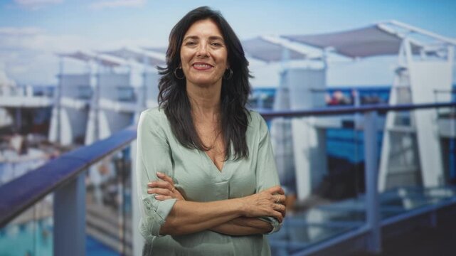 Middle aged woman showing crossed arms and forearms, smiling on a cruise ship deck by glass railing and pool cabanas; confidence leisure.