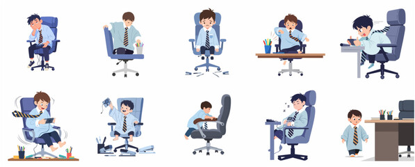Fototapeta premium Funny illustration set of a young boy in oversized business attire acting like an office worker with various emotions and actions