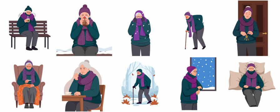 Elderly woman character set in winter showing sickness, cold weather, and daily life challenges