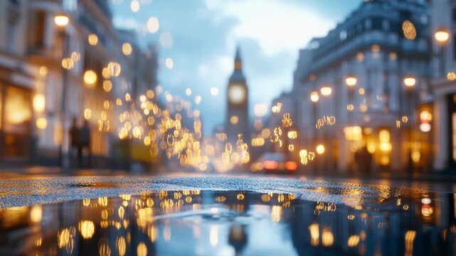 Clock tower and city lights reflected in a puddle on a wet asphalt street