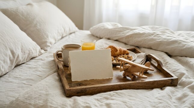 Blank textured paper card standing on a wooden breakfast tray with a small toy airplane coffee cup and croissant on a soft white bed with bright natural morning bedroom lighting