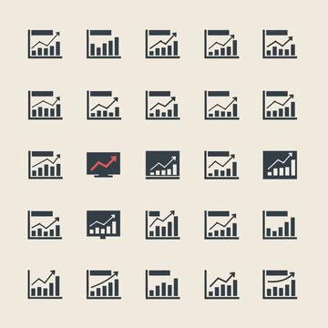 Business graph icons on white background.