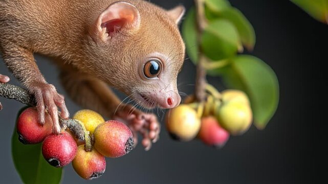 Adorable galago with big eyes eating colorful fruit from a tree branch against a dark background