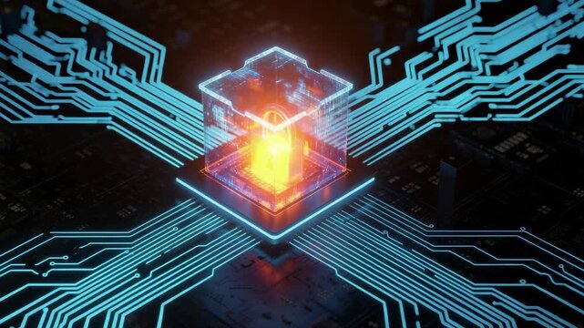 Transparent digital cube glowing on circuit board with blue pathways creating futuristic processor scene about data storage cybersecurity blockchain computing innovation and advanced technology system