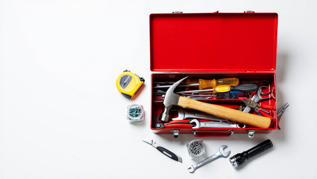 Red metal toolbox open with assorted household maintenance and repair tools displayed on a clean white background including hammer tape measure and hardware hand tools maintenance hardware