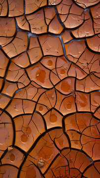 Extreme close up of dry cracked earth texture with red brown clay soil and deep fissures weathered environment landscape environmentally droughts abstract background