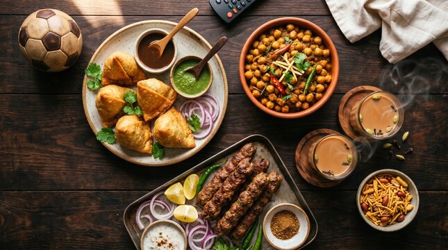 Overhead view of delicious indian food spread including samosas, kebabs, chickpea curry, chai, and snacks on wooden table with soccer ball and remote control, perfect for game night.