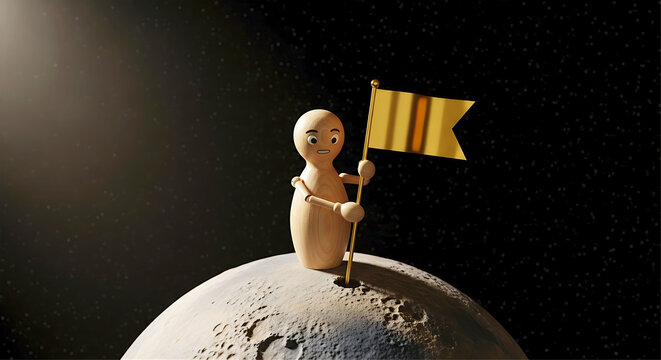 Global market domination corporate milestone achievement concept wooden figure planting gold flag on moon surface with dramatic lighting copy space for venture capital landing page pitch deck banner