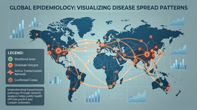 Global epidemiology infographic showing disease spread patterns worldwide with graphs
