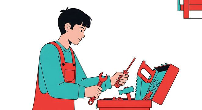 A cartoon man in a red apron holding tools from a red toolbox in a minimalist vector illustration