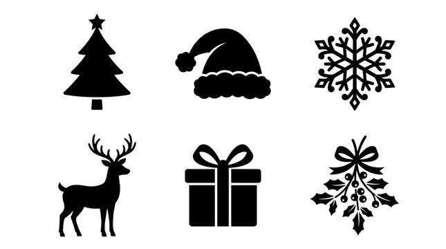 Christmas icons set silhouette of Santa hat reindeer snowflake gift and mistletoe