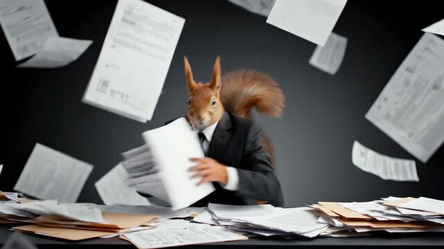Busy red squirrel in black suit sorting folders at messy desk while papers fly around dark office background, chaotic corporate paperwork concept