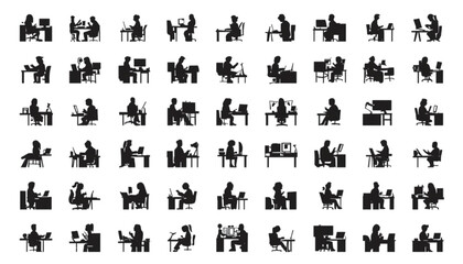 Naklejka premium Workers sitting at desks with computers illustrate a modern office environment in silhouette form.