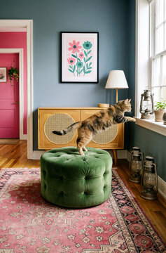 Calico Cat Jumping on Green Ottoman Near Window
