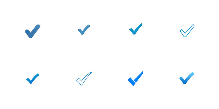Collection of blue checkmark icons isolated on transparent background