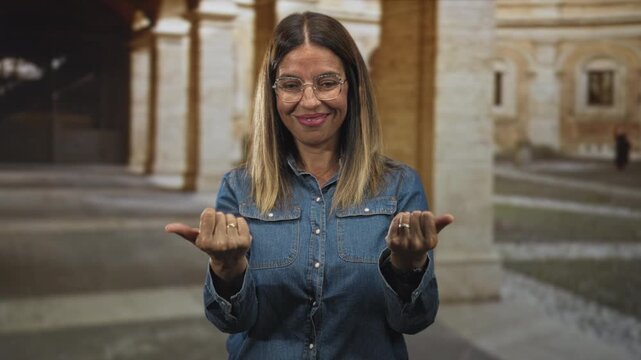 Woman wearing glasses and denim shirt beckons with curled hands in front of stone arches inside building; invitation warmth.