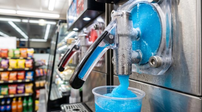 A blue slushy drink being dispensed from a machine in a convenience store