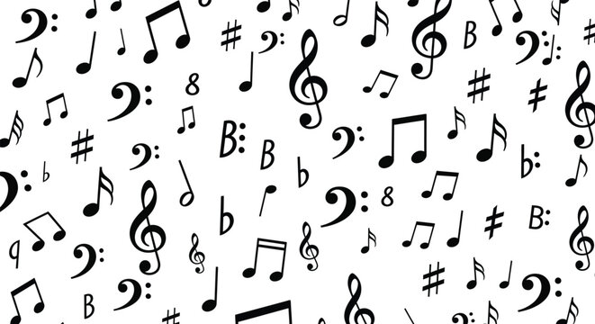 Seamless pattern of musical notes and symbols on white