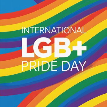 International Lgbt+ pride day message with rainbow colored waves background. Vibrant graphic design for annual celebration of diversity, equality, human right, and social inclusion movement.