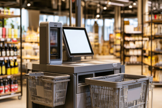 Supermarket Self Checkout With Shopping Baskets for Retail Payment Technology