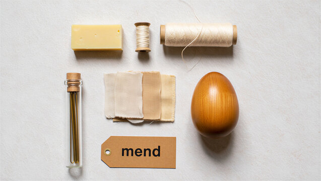 Sustainable darning and mending supplies arranged on a clean background including a wooden darning egg sewing thread needle case fabric scrap a label reading mend with sustainable, handmade