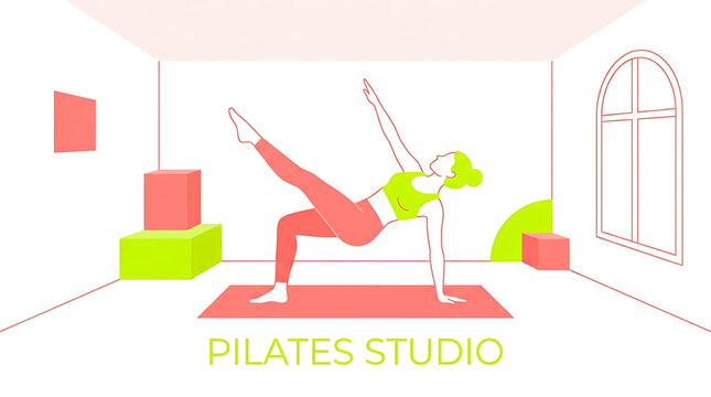 A woman practices Pilates in a modern studio with a minimalist design