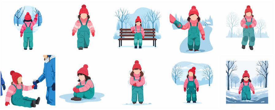 Little girl in winter clothes character set vector illustration, flat design of child playing in snow and shivering in winter park scenery.