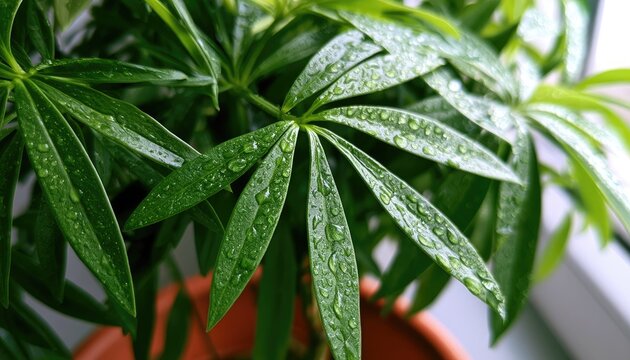 Lush green leaves with dew drops on a houseplant in a pot