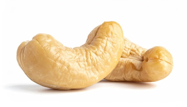 Two pale, kidney-shaped roasted nuts with textured surfaces against white