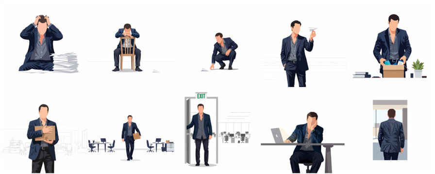 Set of Illustrations Depicting a Businessman Facing Job Loss, Burnout, and Resignation from Office