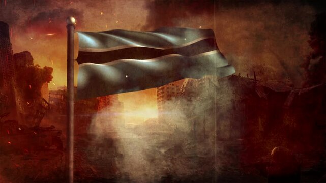 Botswana Flag with Cinematic Apocalypse Scene and Burning City