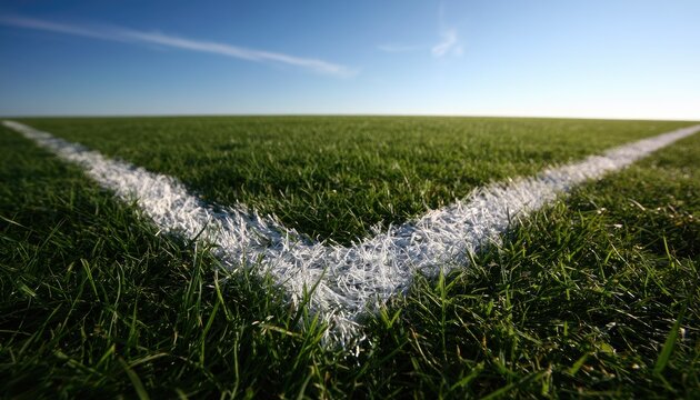 Lush green field with white corner markings under a clear blue sky