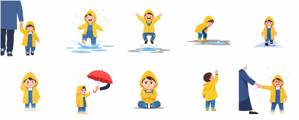 Fototapeta premium Set of cute toddler boy character wearing yellow raincoat in various rainy day activities and emotions