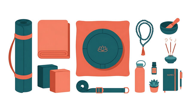 A vibrant illustration of yoga essentials, including a mat, blocks, and accessories, arranged neatly on a clean white background.
