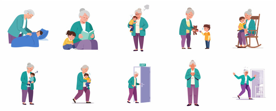 Set of Elderly Woman Taking Care of Her Grandchildren, Grandmother Babysitting and Comforting Kids Scenes