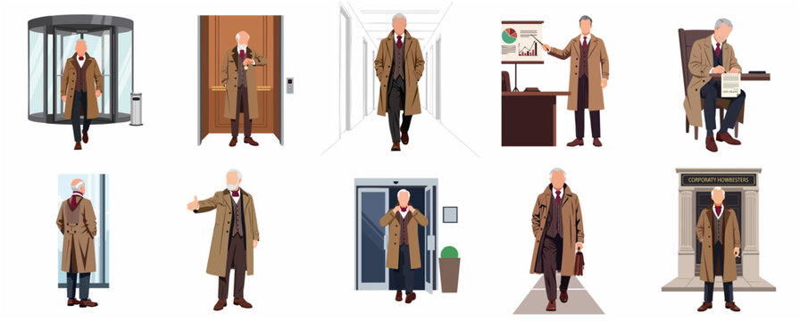 Flat vector illustration set of a mature senior businessman in various professional and corporate activities