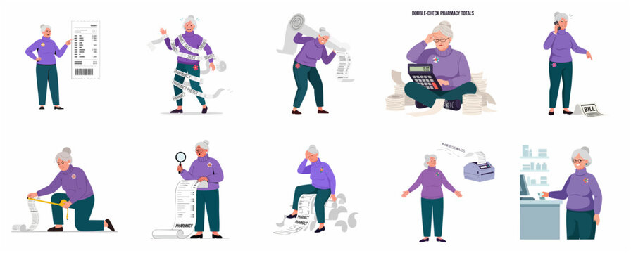 Senior woman overwhelmed by expensive medical bills and pharmacy receipts flat vector illustration