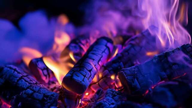 Burning wooden logs glowing with colorful flames and hot embers in closeup creating cozy fire scene with warmth energy camping fireplace texture smoke sparks and dramatic heat atmosphere background