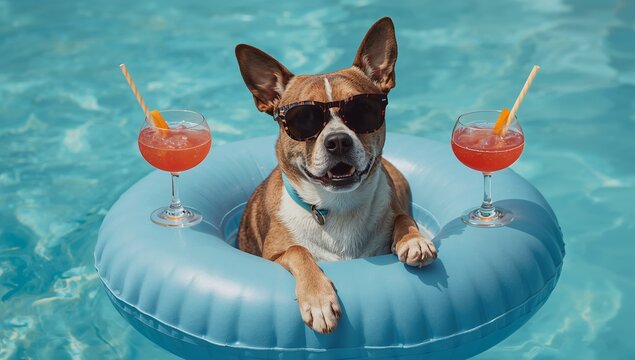 Dog wearing sunglasses relaxes on a blue inflatable pool float with cocktails on either side, enjoying a sunny day in a swimming pool setting