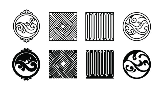Decorative geometric and floral pattern icons in round and square frames for design elements with decorative, geometric