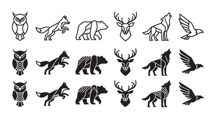 Obraz premium Minimalist wildlife geometric icon set featuring owl fox bear deer wolf and eagle silhouettes wildlife geometric