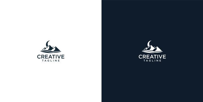 Dynamic abstract mountain range logo design featuring a crescent moon and adventurous silhouette, representing growth, exploration, and innovative spirit for business branding