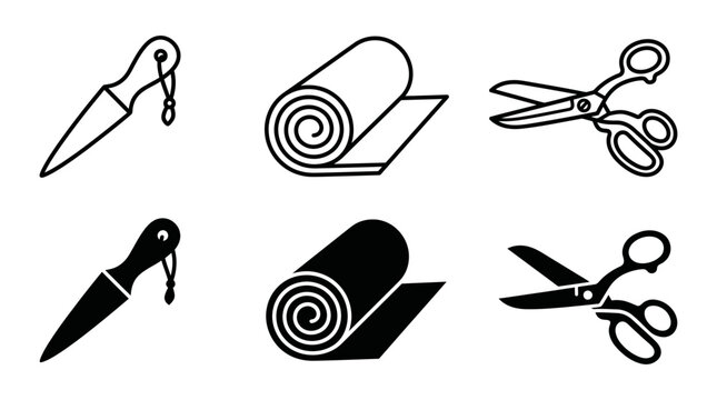 Crafting and textile tool icons: awl rolled fabric tailor scissors with scissors material handmade creative workshop